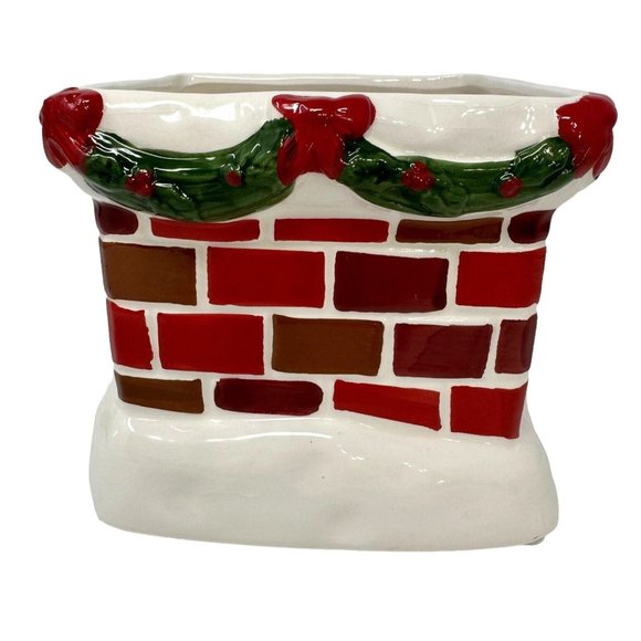 Holiday Flower Tree Vase Ceramic Red Brick Chimney Green Garland Red Bows 5" - Picture 4 of 7